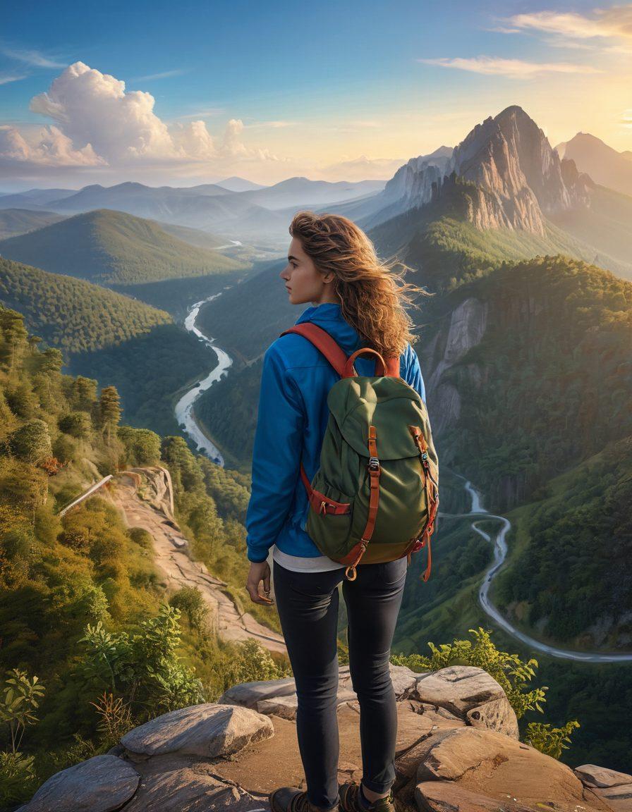A young woman with a confident and adventurous spirit, standing on a cliffside road with a breathtaking panoramic view of diverse landscapes - mountains, forests, and the wide skyline. She has a backpack, and her hair is blowing in the wind, symbolizing freedom. World landmarks in the backdrop subtly indicate her global journey. vibrant colors. super-realistic. epic lighting.