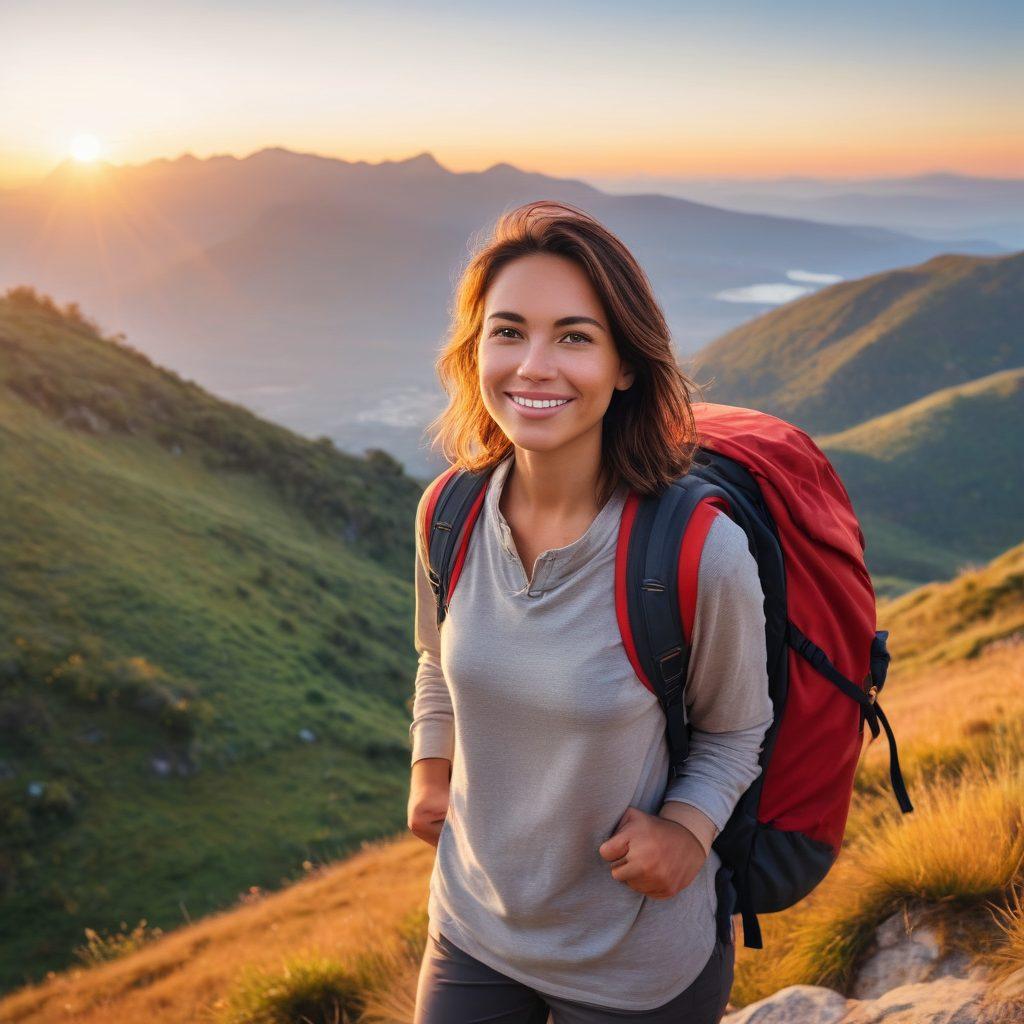 A confident solo female traveler standing on a mountaintop at sunrise, with a backpack and a serene smile, overlooking a breathtaking landscape. Surrounding her are subtle, dreamlike images of diverse destinations, representing various cultures and adventures. super-realistic. vibrant colors. warm tones. inspiring and empowering mood.